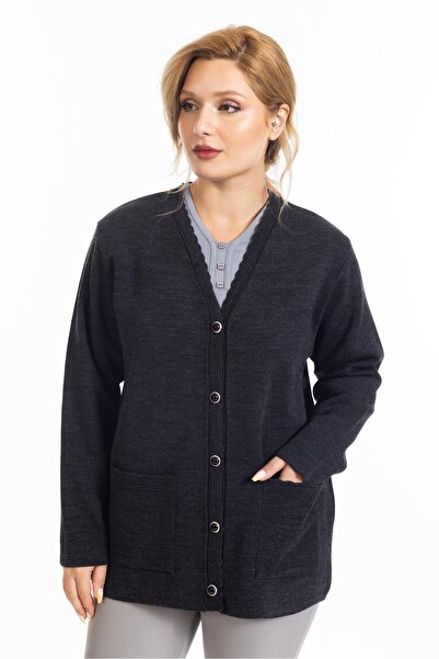 Mutlu City Yeni Sezon Çelik Örgü Sade Model V Yaka Düğmeli Anne Triko Hırka 7422