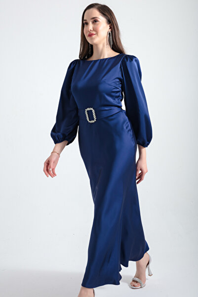 Lafaba Dámské večerní saténové midi šaty v tmavě modré barvě