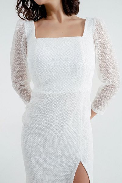 Lafaba Weißes Midi-Abendkleid mit quadratischem Kragen und Schmucksteinen für Damen