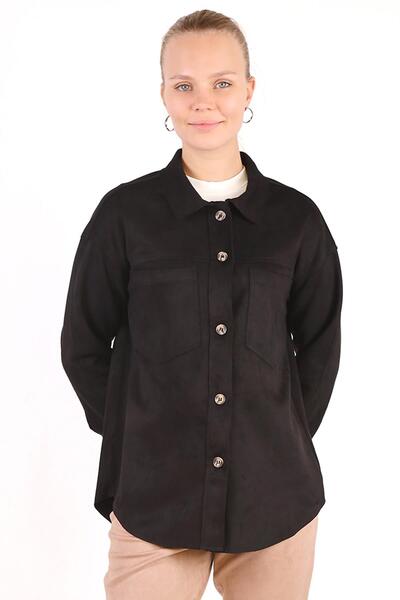 Rays Черна спортна риза от велур с шевове и джобове 7325A