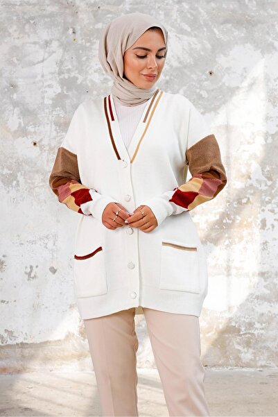 Bestenur Baklava Pattern Knitwear Cardigan 1243 - White