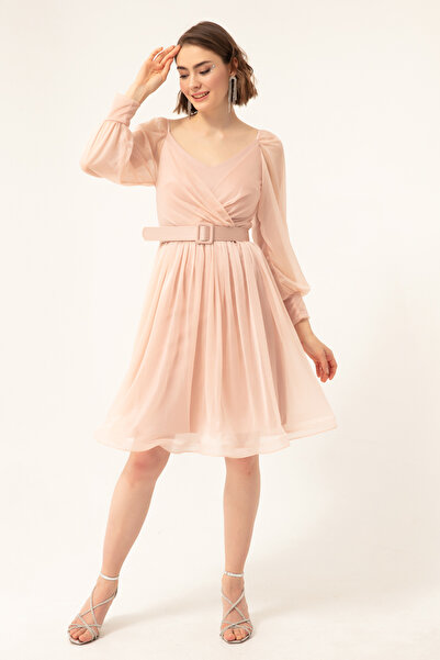 Lafaba Kadın Pudra Kemerli Midi Simli Abiye Elbise
