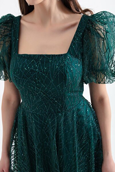 Lafaba Dámské smaragdově zelené večerní šaty s balonovým rukávem stříbrné barvy Midi