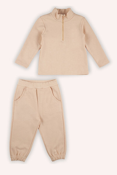 Panço Kız Bebek Dik Yakalı 2'li Somon Eşofman Takım