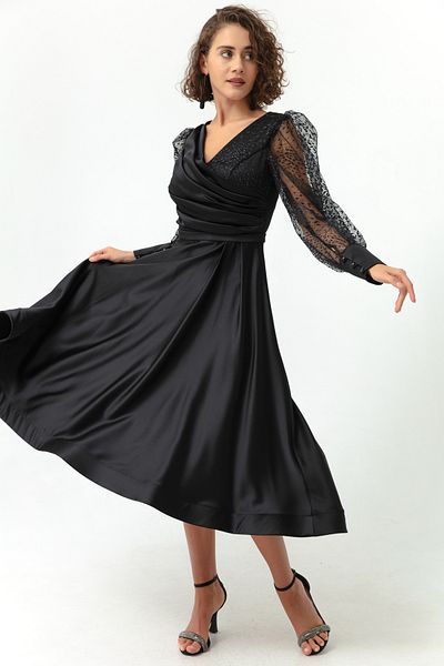 Lafaba Women's Black Double Breasted Collar Glitter Midi Satin Evening Dress
