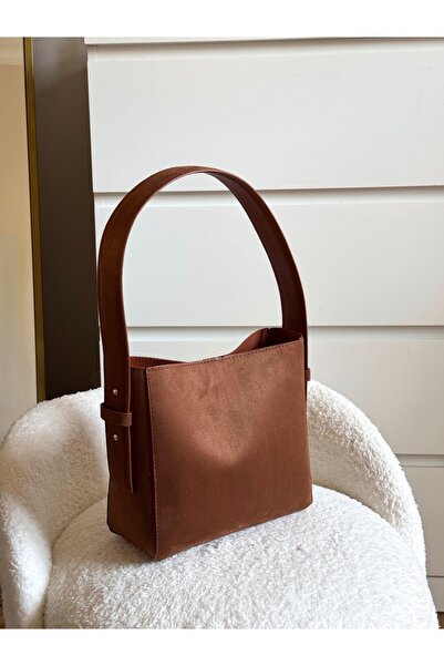 Goldies Bag Kadın Süet Taba Ayarlanabilir Omuz Askılı Yumuşak Deri Baget Çant...