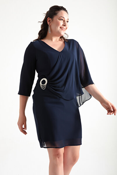 Lafaba Damska granatowa suknia wieczorowa z dekoltem w kształcie litery V, wysadzana klejnotami, w dużych rozmiarach