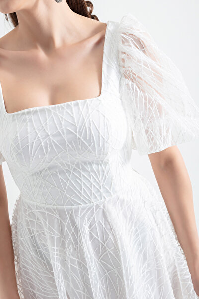 Lafaba Dámské bílé večerní šaty Midi s balonovým rukávem