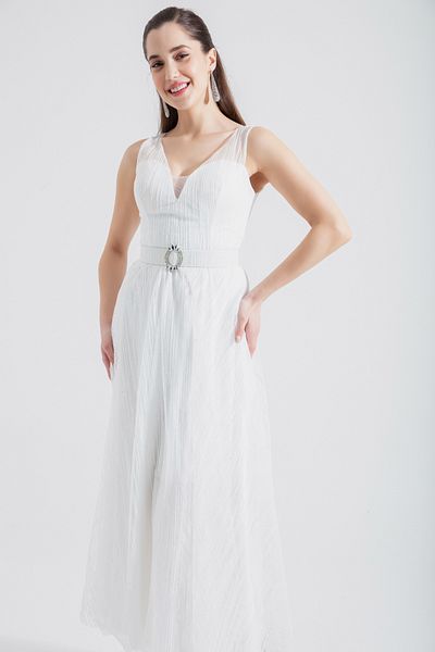 Lafaba Women's White V-Neck Glitter Midi Evening Dress