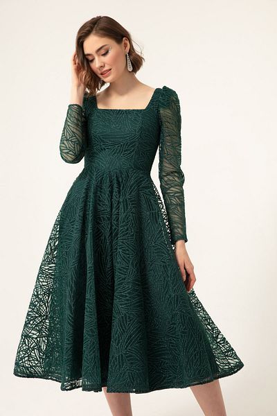 Lafaba Smaragdgrünes, silbriges Abendkleid mit quadratischem Ausschnitt für Damen