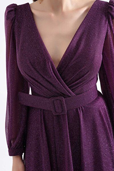 Lafaba Kadın Mürdüm Kruvaze Yaka Kemerli Simli Midi Abiye Elbise