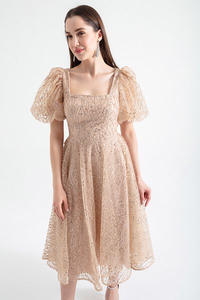 Lafaba Glitzerndes Midi-Abendkleid mit goldenen Ballonärmeln für Damen