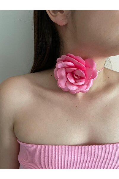 Dante Pembe Bağcıklı Kumaş Çiçek Choker Kolye Gül Kolye