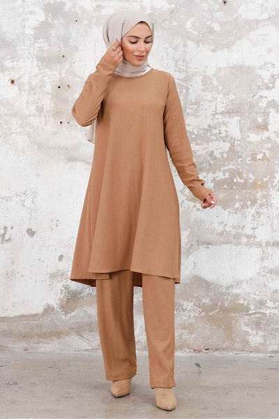 Bestenur Σετ περιτυλιγμένο χιτώνα και παντελόνι σε χρώμα βιζόν 1252