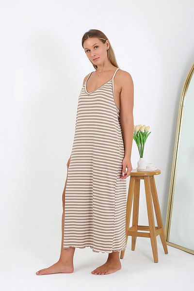 Akbeniz Large Size Rope Strap Long Nightgown - Milk Brown 12109
