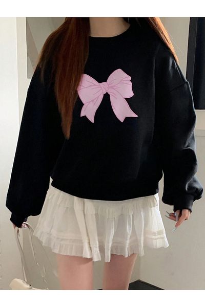 BukuriCO Women's Pink Bow Printed Long Sleeve Crew Neck Sweatshirt
