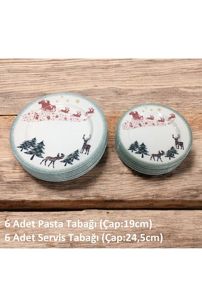 Pinkev 12 Pieces 6 Person New Year Patterned Porcelain Cake and Serving Presentation Plate Set