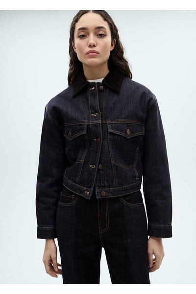 MANGO Woman Palton din denim cu guler contrastant