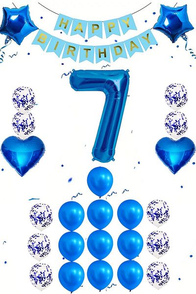 Patladı Gitti 7 Years Old Blue Concept Birthday Set; Heart Star Foil Balloon Set