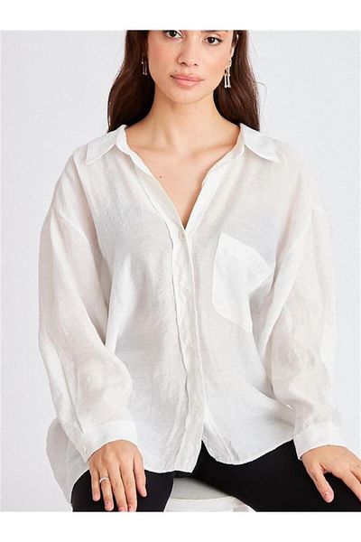 Kokoşum Butik 4612 Cămașă oversize fără umăr albă