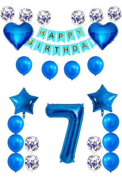 Patladı Gitti 7 Years Old Blue Concept Birthday Set; Heart Star Foil Balloon Set