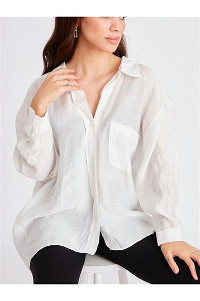 Kokoşum Butik 4612 Cămașă oversize fără umăr albă