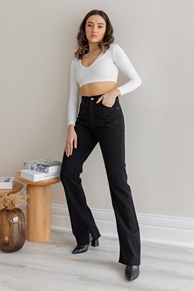 ByCukurovaFrango By-1608 Black Slit High Waist Slim Flare Jeans with Inner Lo...