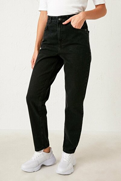 MAKRAS EXCLUSIVE A156791 Black Lycra Mom Jean Pants High Waist Jeans Skinny Leg Jeans