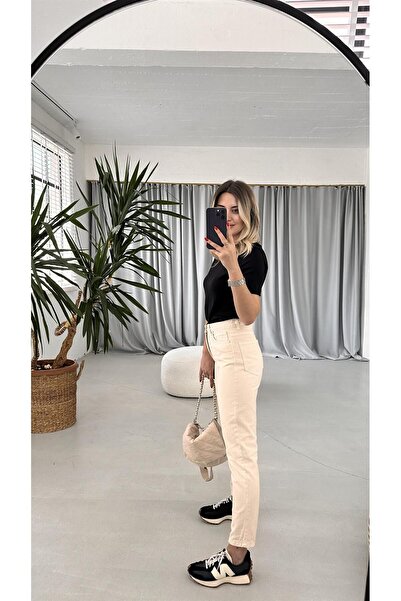 MAKRAS EXCLUSIVE A175090 Beige Mom Boyfriend Jeans High Waist Stretchy Jeans Slim Fit