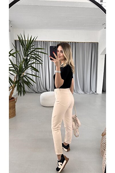 MAKRAS EXCLUSIVE A175090 Beige Mom Boyfriend Jeans High Waist Stretchy Jeans Slim Fit