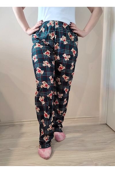 enmodaiçgiyim Pantaloni de pijama de damă din piele intoarsa cu model ursuleț verde