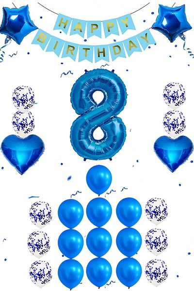 Patladı Gitti Σετ γενεθλίων Blue Concept Age 8; Σετ μπαλόνι με φύλλο καρδιάς αστέρι