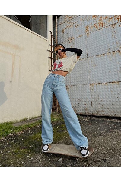 MAKRAS EXCLUSIVE A142847 Blue Jeans High Waist Boyfriend Loose Wide Leg Denim Pants