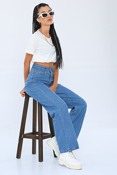 ByCukurovaFrango Lisa Blue Lycra super visoke široke farmerke palazzo pantalone