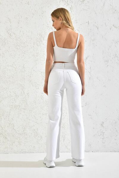 MAKRAS EXCLUSIVE A164413 Pantaloni Palazzo largi din Lycra albă anii 90, cu talie super înaltă, pantaloni Boyfriend, blugi cu picioare largi