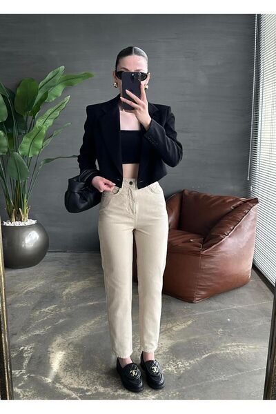 MAKRAS EXCLUSIVE A127016 Trend High Waist Beige Mom Jeans Lycra Stretch Denim Pants Slim Fit