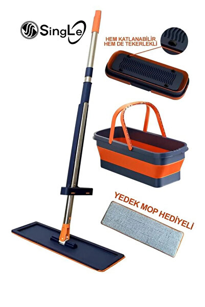 Single Kendinden Sıkmalı Mop ve Tekerlekli Katlanabilir Kova Seti 1 Adet Yedek Bez Hediyeli