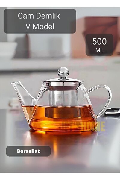 Jet's Home Cam Demlik V Model Bitki Çayı Demliği Çelik Süzgeçli Isıya Dayanık...