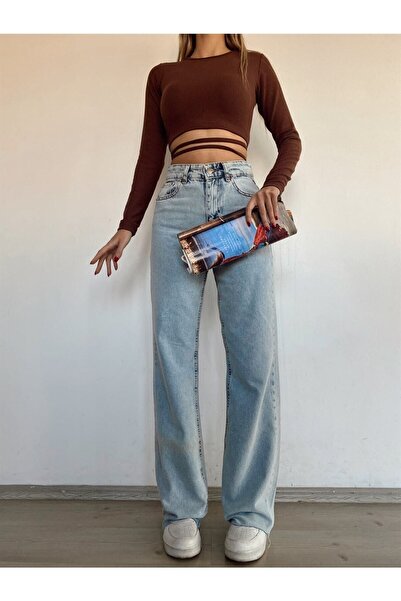 JAXEN NS-12847 بنطلون جينز نسائي أزرق فضفاض بخصر عالٍ قماش قابل للتمدد واسع ا...