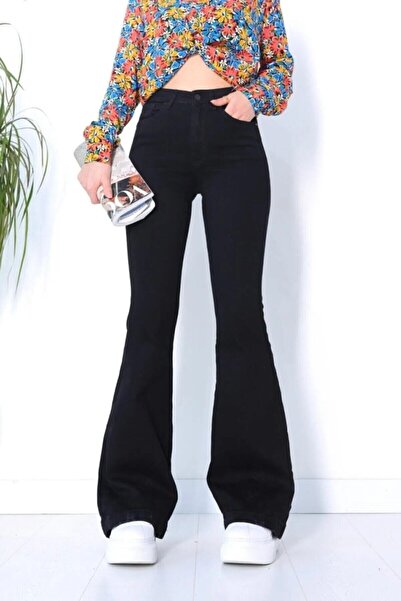 ByCukurovaFrango BY-8799 Γυναικείο μαύρο τζιν παντελόνι με ψηλή μέση και φαρδ...