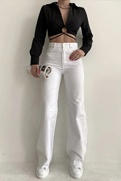 MAKRAS EXCLUSIVE Women's White High Waist Wide Leg Denim Jeans Comfort Lycra