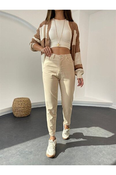 ByCukurovaFrango Julia Μπεζ Σούπερ Ψηλόμεσο Άνετο Mom Τζιν Παντελόνι με Λύκρα