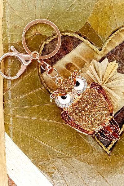 Dünyadan Hediyeler Gold Owl Keychain with Crystal Stones No.2