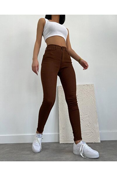 MAKRAS EXCLUSIVE A128009 Καφέ ψηλόμεσο τζιν Mom Jeans με στενό πόδι