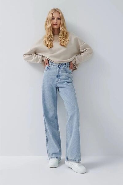 MAKRAS EXCLUSIVE A188854 90's Blue Snow Wash Lycra Super High Waist Loose Jeans Palazzo Wide Leg Pants
