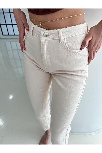 ByCukurovaFrango Γυναικείο ψηλόμεσο τζιν mom fit σε κρεμ απόχρωση