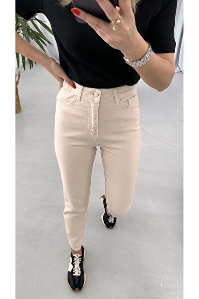 MAKRAS EXCLUSIVE A175090 Beige Mom Boyfriend Jeans High Waist Stretchy Jeans Slim Fit