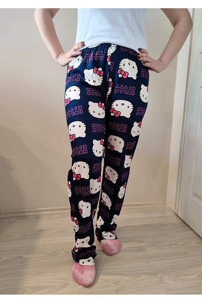 enmodaiçgiyim Pantaloni de pijama de damă din piele intoarsa cu model bleumarin