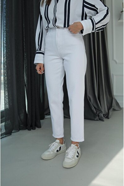 ByCukurovaFrango MR High Waist Lycra White Boyfriend Jeans Pantaloni elastici...