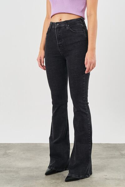 MAKRAS EXCLUSIVE A143032 Women's Anthracite Grey Flare High Waist Spanish Leg Jeans